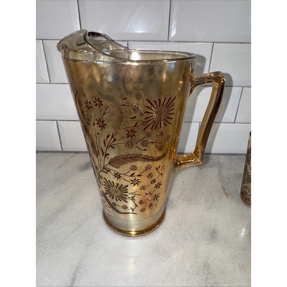 VtgJeanette Marigold Carnival Glass Cosmos Pitcher /6 Glasses 1950's MCMGW0051 - Picture 9 of 14